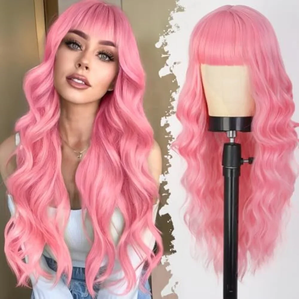 Pink Wig With Bangs Long Wavy Curly Wigs for Women Synthetic Natural Hair Heat R